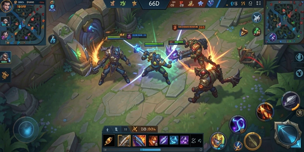 Tampilan gameplay mendebarkan dalam pertandingan MOBA yang intens.