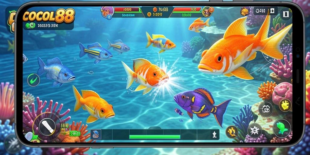 Screenshot utama COCOL88 menunjukkan aksi seru menembak ikan.
