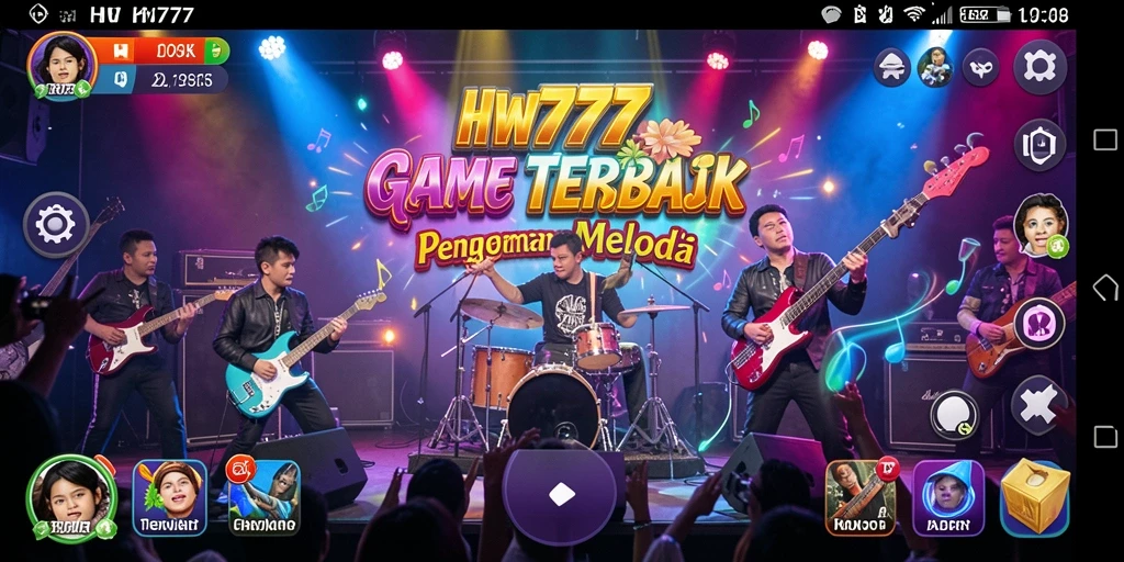 Tampilan gameplay HW777 dengan berbagai lagu dan tantangan musik.