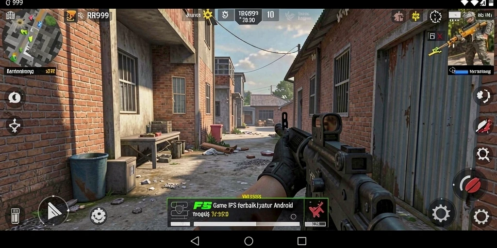 Screenshot gameplay RR999 dengan aksi tembak-menembak yang intens.